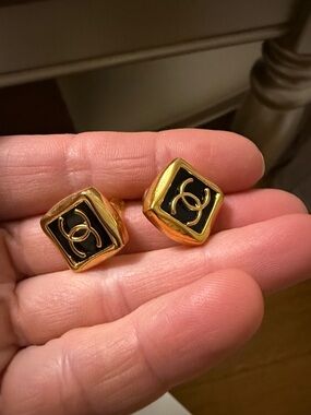 CHANEL Gold-Tone & Black CC Square Clip-On Earrings